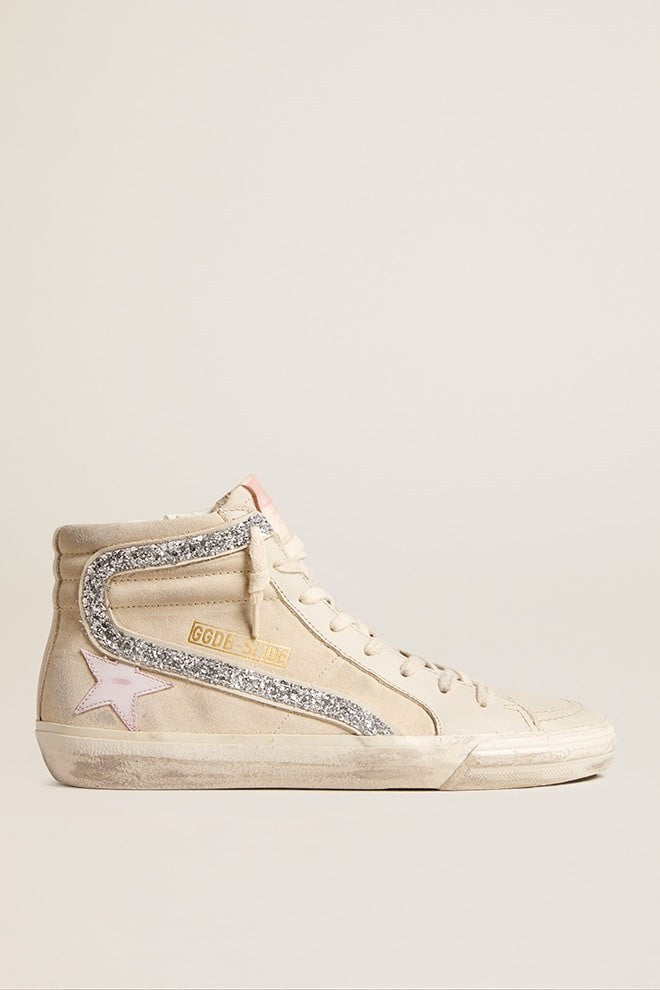 Tenis Golden Goose Slide Suede Upper Leather Toe And Star Glitter Mujer