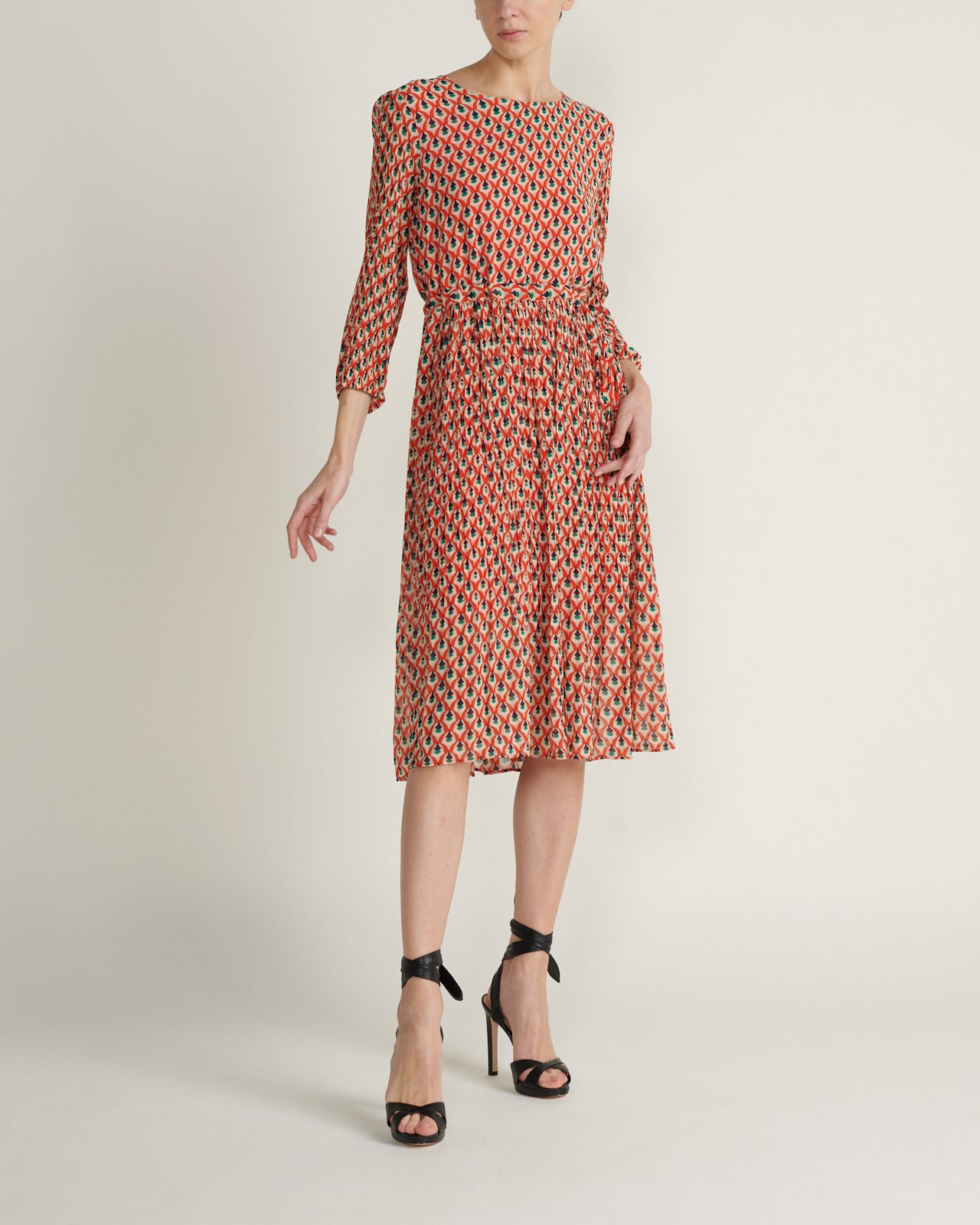 Vestido Midi Manga Estampado Flores Rojo
