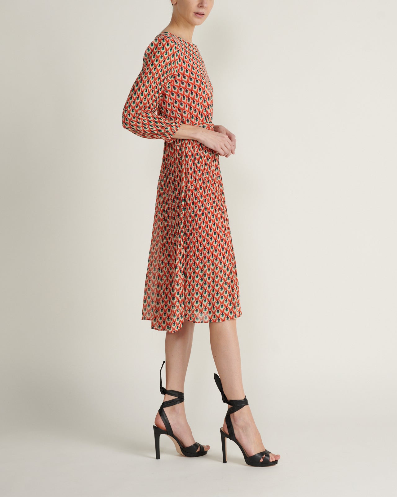 Vestido Midi Manga Estampado Flores Rojo