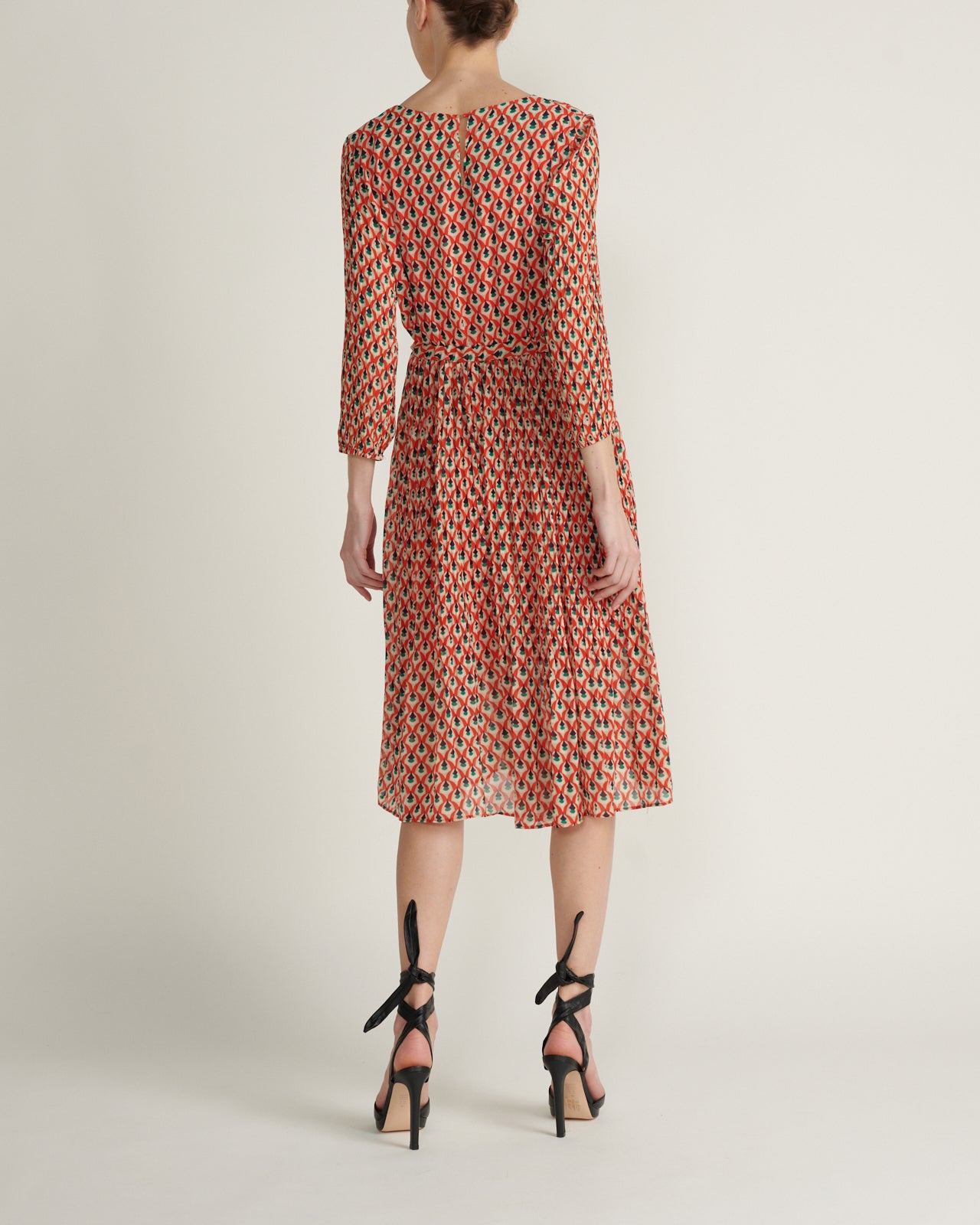 Vestido Midi Manga Estampado Flores Rojo
