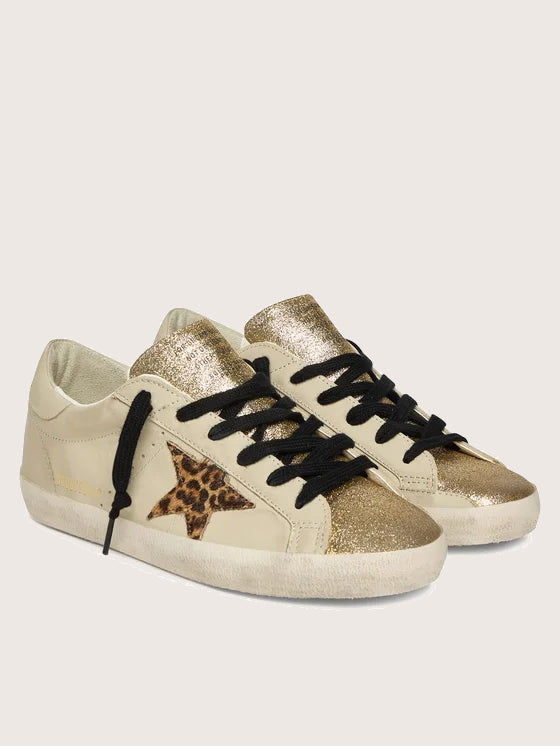 Tenis Golden Goose Super Star Leather Glitter Heel Leopard Horsy Star Mujer