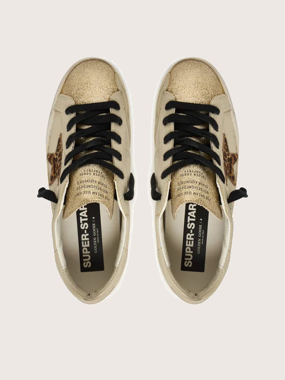 Tenis Golden Goose Super Star Leather Glitter Heel Leopard Horsy Star Mujer