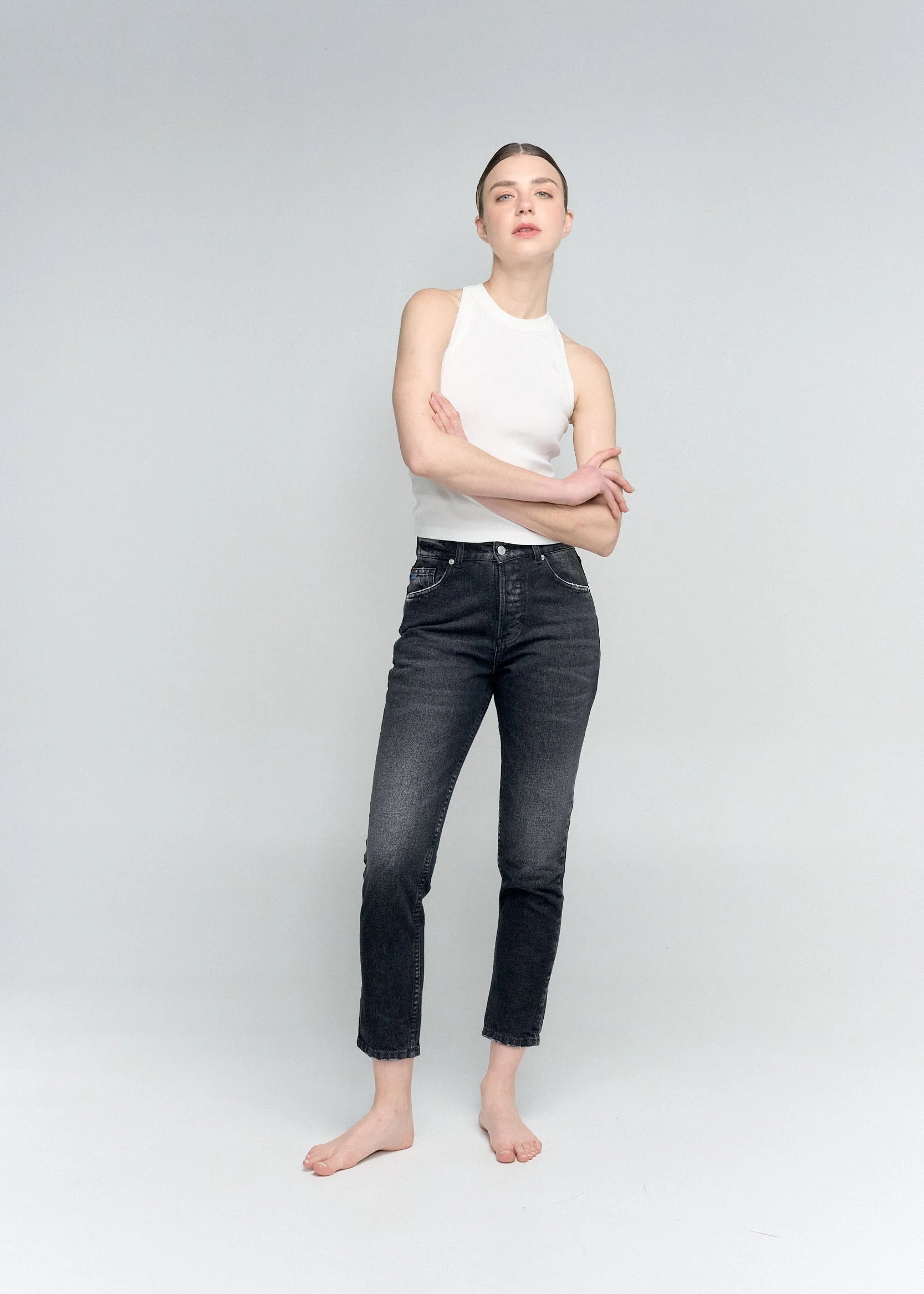 Jean Straight En Denim Azul Y Negro Doble Pretina