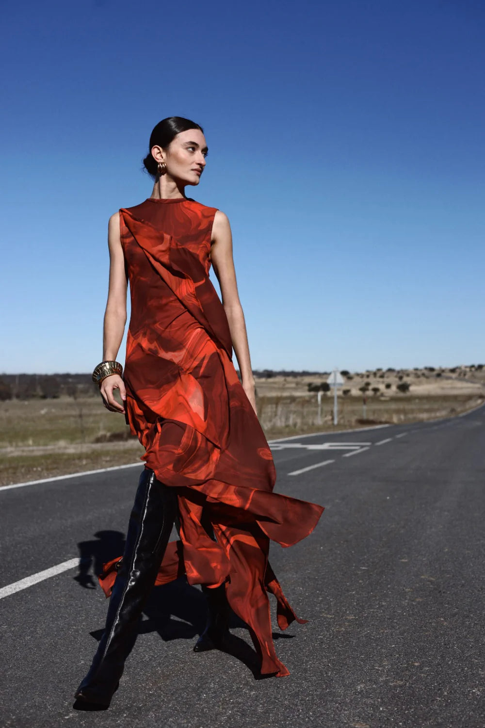 Midi Vestido Printed Volant