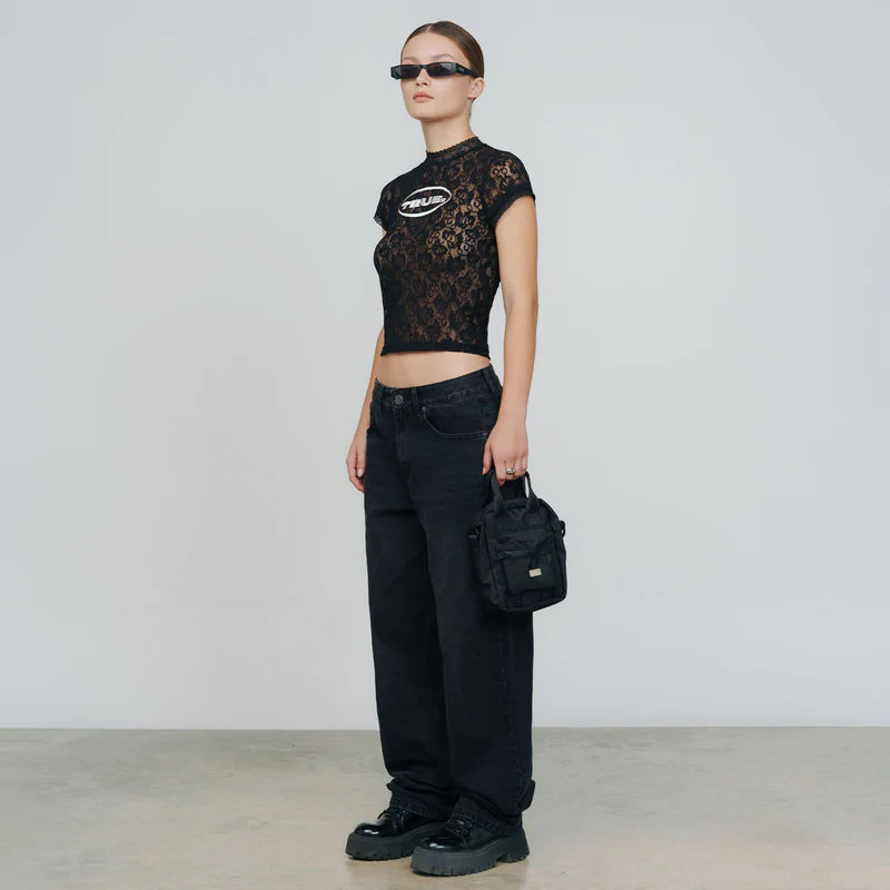 Top De Bebé Con Encaje Floral Negra