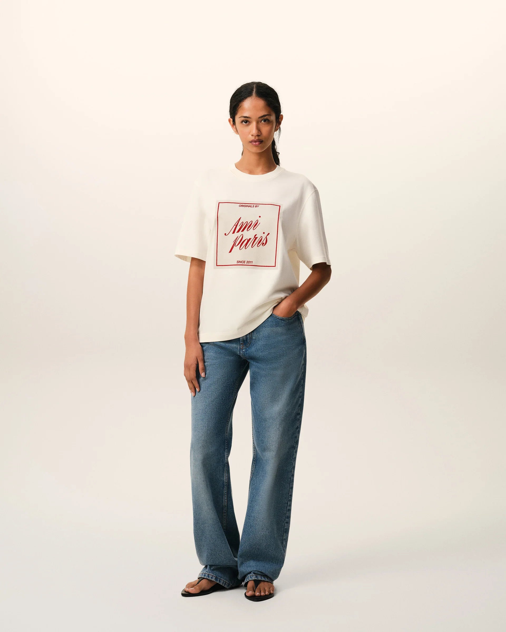 T-Shirt Blanca De Algodón Con Estampado Ami Paris Heritage