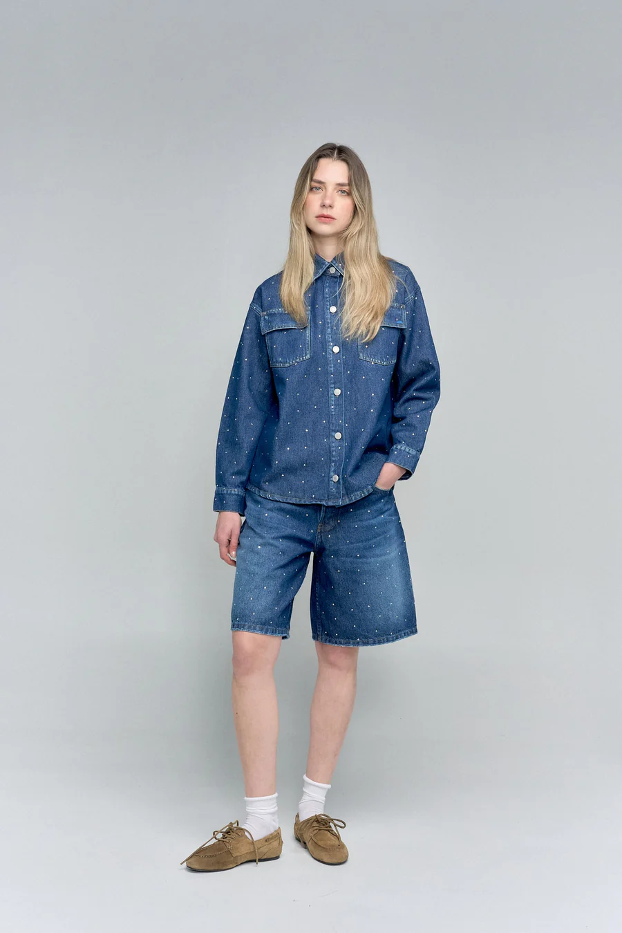Bermuda Denim Oscuro Con Apliques De Cristales