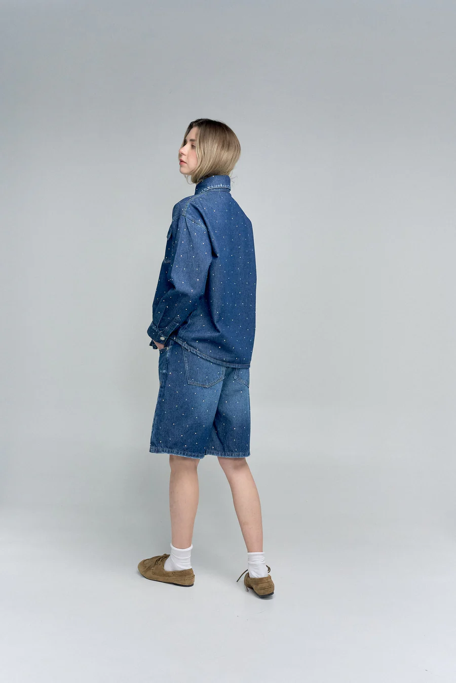 Bermuda Denim Oscuro Con Apliques De Cristales