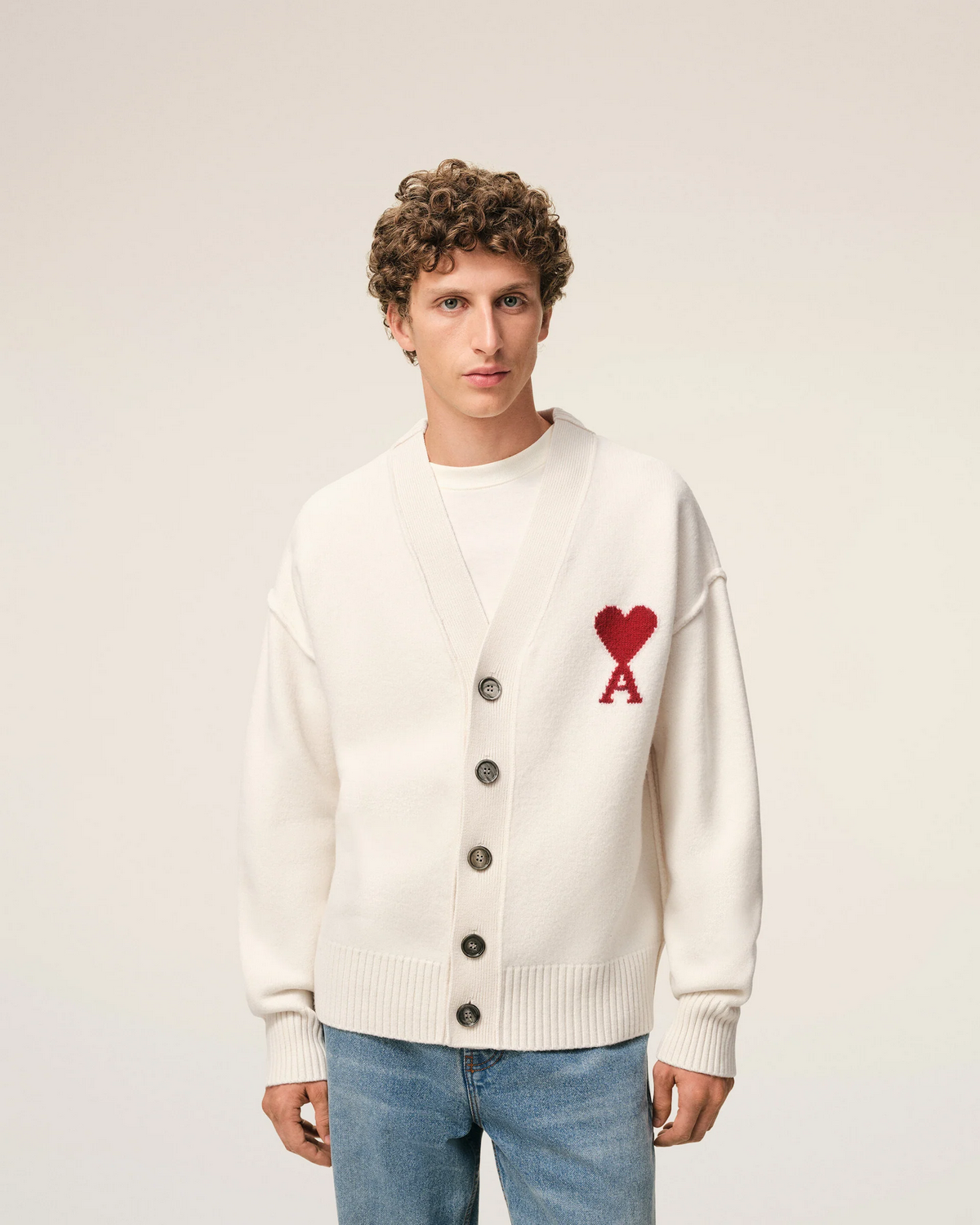 Cárdigan De Lana Natural Con Estampado Ami De Coeur Unisex