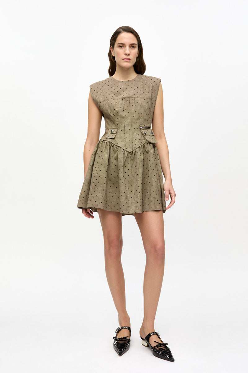 Mini Vestido Flock Check Suiting Corset